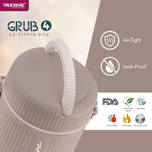 Image of Trueware GRUB 4 Double Wall Insulated Hot Lunch Box with 3 SS Container 300 ML Each & 1 SS Container 200ML | Bpa Free | Food Grade | Hot and Fresh Ma (LBI-GRB-004-Pink BAZ)