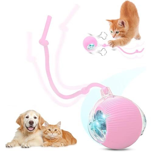 SilveWillo Interactive Electric Automatic Rolling Moving USB Rechargeable Self Activated Play Stimulation Toy Smart Chase Teaser Ball with Speedy Tail Rope for Bored Adult Indoor Cats and Dogs, Pink