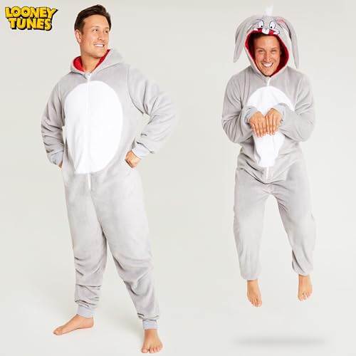 Looney Tunes Adult Pyjamas for Men Teenagers Bugs Bunny Hooded Fluffy Fleece Pyjamas For Men M-2XL Gifts for Men (Grey Bugs Bunny, S)3