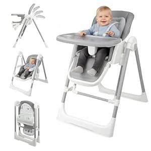 Foldable 3-in-1 Baby High Chair with Recline and Rocker Function, Grey