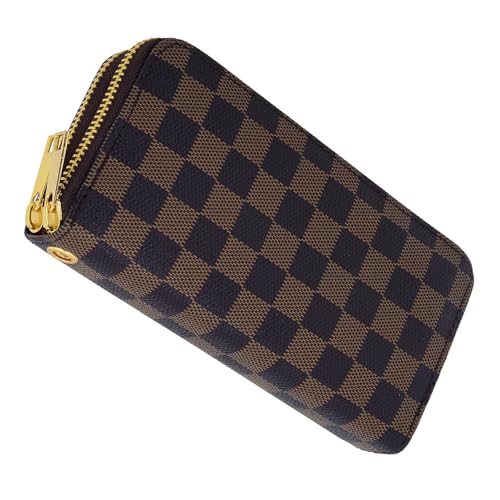 Brown and Khaki Checkerboard Clutch Wallet with Zip, Hand Strap, Large Capacity Men's and women's zippered pocket wallets(Double zipper 12)