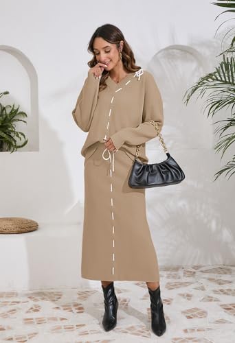 Pink Queen 2025 Women's 2 Piece Sweater Set V Neck Rib Knit Long Sleeve Maxi Bodycon Skirt Casual Outfits2