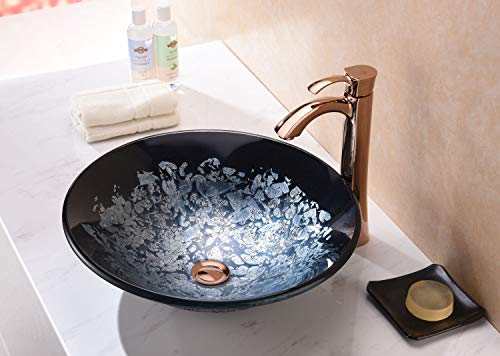 Anzzi Chrona Tempered Glass Vessel Bowl Sink In Silver Burst, Flower Top Mount Bathroom Sinks Above Counter, Navy Asian Floral Pattern Round Vanity Countertop Sink Bowl With Pop Up Drain, Ls-Az212 #TOP1