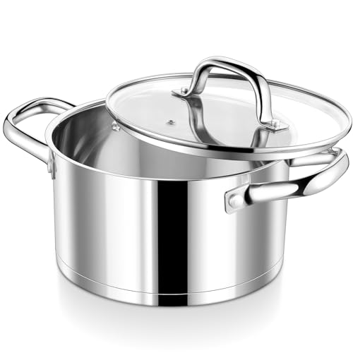 P&P CHEF 5 Quarts Cooking Stock Pot with Lid, Stainless Steel Stockpot Induction Pot for Soup, Tri-Ply Bottom & Clear Glass Lid & Double Handle, Dishwasher Safe