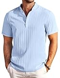 COOFANDY Men's Casual Henley T-Shirt Short Sleeve Summer Beach Linen Hippie Top Light Blue