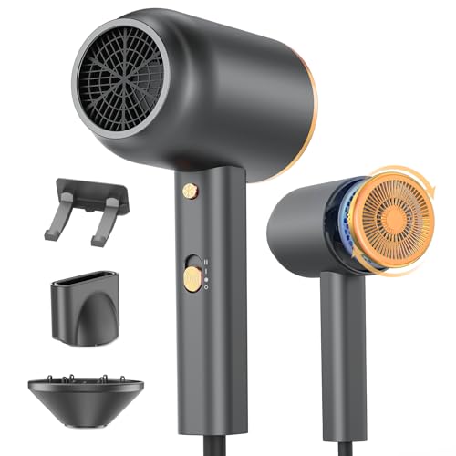 DEWILY - Secador de pelo de iones con difusor (1800 W, secado rápido, con botón frío/caliente, termostático, 3 temperaturas, 2 velocidades, secador de pelo con concentrador, soporte (negro y dorado)