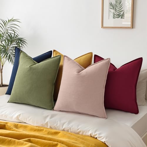 Image of decorUhome Decorative Linen Throw Pillow Covers 18x18 Inch Set of 2 Olive Green Pillow Covers with Flange Edges Soft Farmhouse Boho Accent Pillow Cases for Couch Bed Living Room