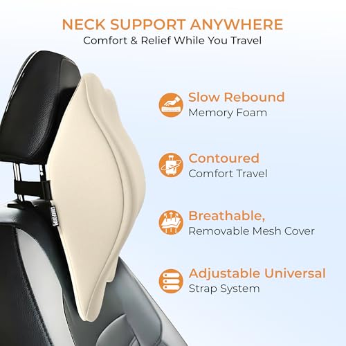 Image of CareFoam Memory Foam Car Neck Pillow for Driving Comfort - Ergonomic Headrest Cushion for Neck & Spine Support - Adjustable Strap, Breathable Washable Cover, Ideal for Long Drives | Beige Velvet