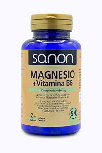SANON Magnesio y Vitamina B6 - 180 Comprimidos de 500mg - Sin Gluten - Reducción Cansancio y Fatiga - Con Bisglicinato de Magnesio Cover