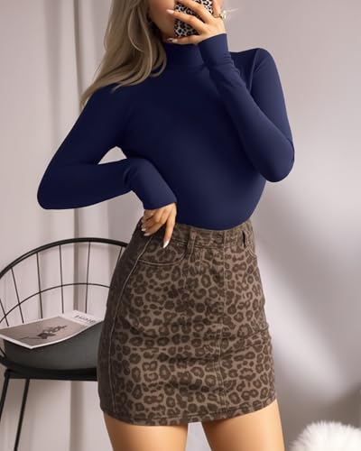 Image of MANGOPOP Women's Mock Turtle Neck Sleeveless Tank Tops /Long Sleeve Bodysuit Jumpsuit (A2 Navy Blue (Modal), Large)