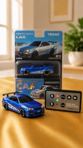 Image of Mini R /C Alloy Drift Car 1:64 Scale - 2.4GHz 4WD RC Racing Desk Toy with LED Lights & Cruise Control Feature (Kids & Collectors Edition) (Nissan Skyline GT-R (R34))