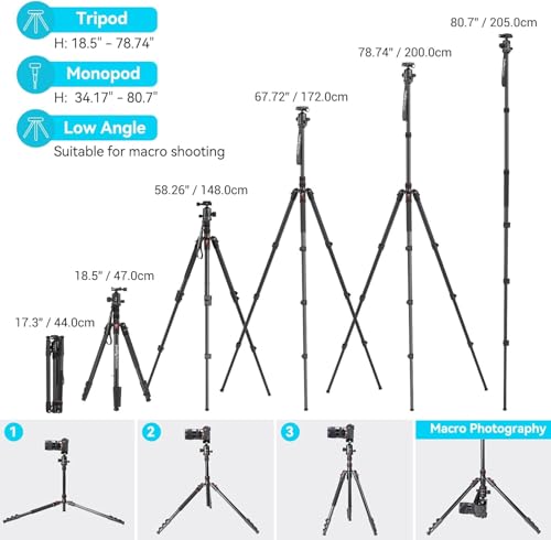 Image of SmallRig CT-20 Camera Tripod, 78.7 inch Foldable Aluminum Tripod & Monopod, 360Ball Head Detachable, Payload 33lb (200cm /78.7 inch)