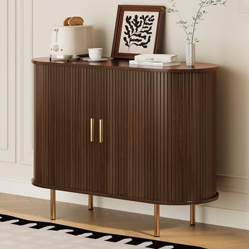 DHH Sideboard Buffet Cabinet with Storage,Mid Century Modern Fluted Accent Coffee Bar Console Table,Tambour Sliding Doors& Adjustable Shelf for Kitchen, Living Room, Entryway(Walnut, 40Inch)