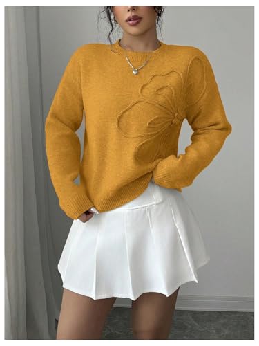 Image of RoseSeek Women's 3D Floral Appliques Crewneck Sweaters Long Sleeve Drop Shoulder Pullovers Elegant Knit Tops