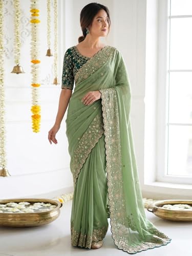 Image of SIRIL Women's Shimmer Georgette Scalloped Border Sequins Embroidery Saree with Unstitched Blouse Piece