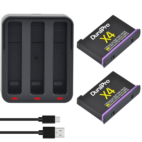 DuraPro 2Pcs 2400mAH Battery + 3-Slots LED Fast Charger for Insta360 X4 Camera Battery Accesorries