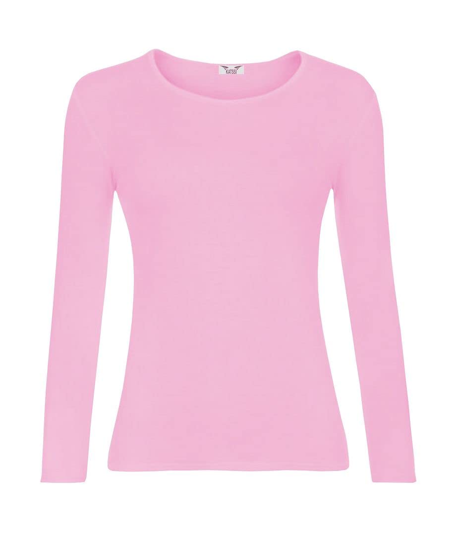 KATSSI Women’s Ladies Long Sleeve Stretch Plain Round Scoop Neck T Shirt Top XXL Pink