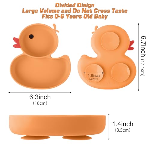 Qshare Baby Suction Plate,Silicone Suction Plate Baby with Spoon and Fork,Non Slip Self Feeding Training Divided Weaning Plates for Baby Toddler (Yellow) - Image 2