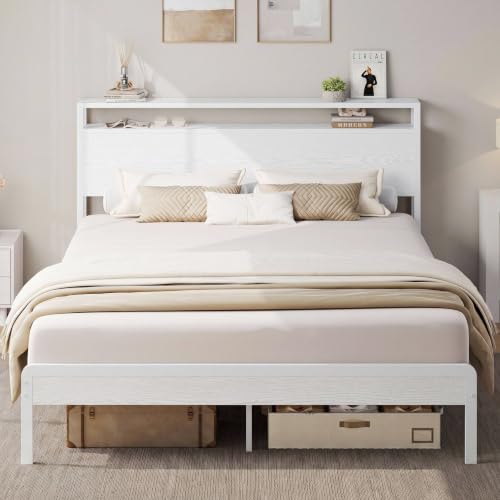 Image of LIKIMIO Queen Bed Frame with Headboard, Wood Camas Queen with Strong Supports, Sturdy, Noise-Free, No Box Spring Needed, White