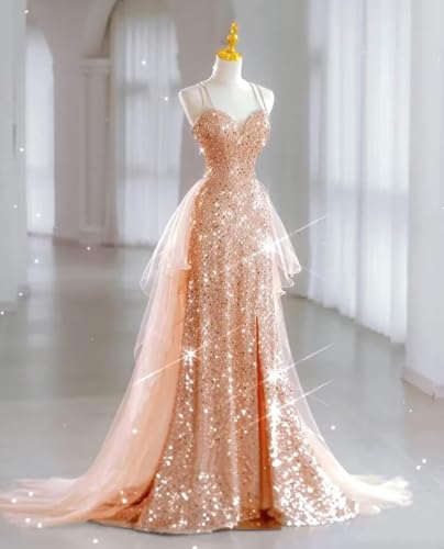 YUAOHUANG Sparkly Sequin Wedding Dress for Women 2025 Spaghetti Straps Tulle Ball Gown Formal Sequin Pageant Dresses2