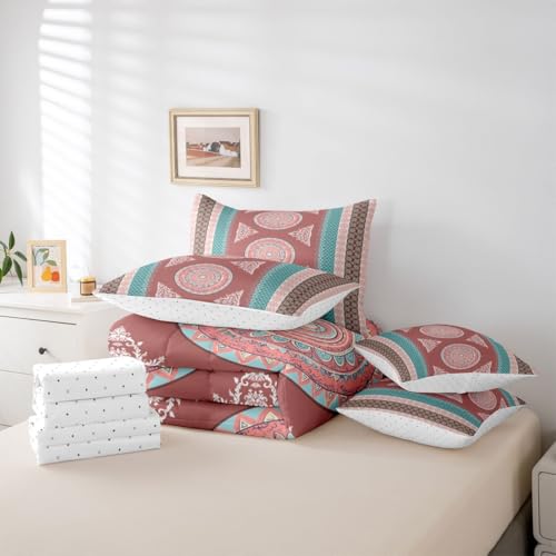 Image of Boho Decor Bohemian Bed in a Bag Queen Comforter Set 7-Piece,Paisley Flower Mandala Bedding Sets Moroccan Medallion Aztec Comforter and Sheet Set Ethnic Tribal Exotic Striped European Red Brown Green