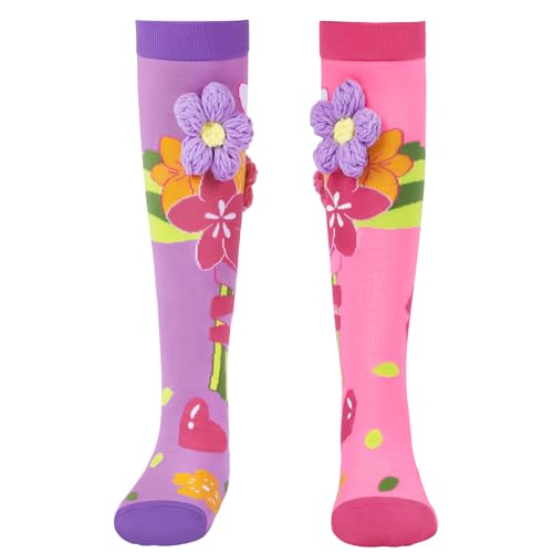 Queenshin Lustige Bunte 3D Blume Mädchen Kniehohenstrümpfe Niedliche Cartoon Asymmetrische Kindersocken in Rosa und Lila Lange Strümpfe Weiche Atmungsaktiv Geschenk für 3-13 Jahre