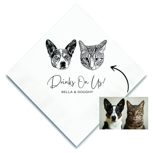 Personalized Dog Illustration Napkins – Custom Printed Cocktail Napkins with Your Dog’s Portrait – 6.5" & 4.8" – Wedding, Reception, Bridal Shower, Engagement Party, or Christmas Party Décor – S1