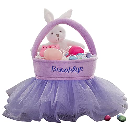 Personalization Universe Tutu Personalized Easter Basket, Embroidered Plush Bag with Tulle Tutu Dress, Perfect for Girls Easter Egg Hunts, Customizable with Name, 7x7 inches, Polyester - Purple