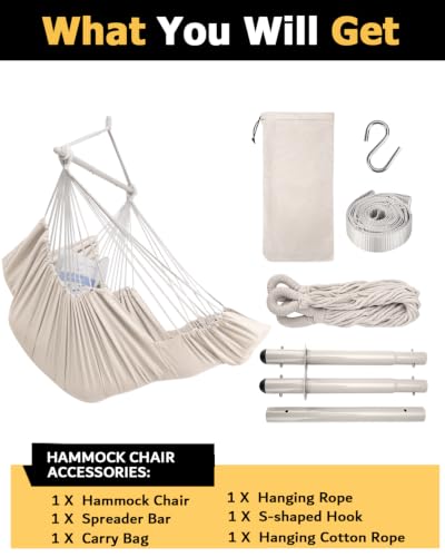 Image of ADVOKAIR Hammock Chair Swing 500lbs Steel Bar Multi-Size Bedroom&Porch | Anti-slip Rings, Adjustable Strap and S-hook, Easy Assembly, Indoor&Outdoor