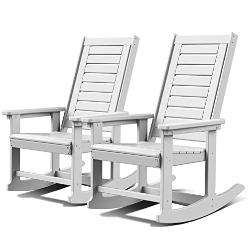 GREENVINES Outdoor Rocking Chairs | Set of 2 | Porch Rocker | HDPE Plastic | White | Oversized Rockers | High Back | Big & Tall | Ladder Back | for Pa