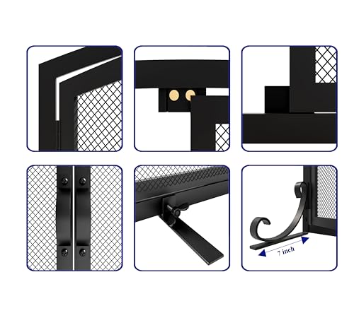 Fire Beauty 37.8x30.7 in Flat Fireplace Screen with Doors, 2-Pannel Wrought Iron,Arched Design Mesh,Adjustable Fit Fireplace Spark Guard - Thumbnail 4