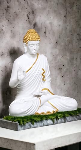 Image of 2 Feet Height Decorative Meditating Buddha Idol for Home Decor Big Size, Black Ceramic Murti, Meditation Buddha Statue, Home Garden Decor (White & Golden)