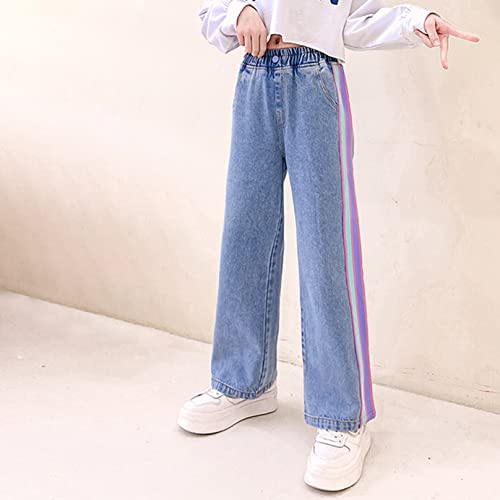 Kids Girls Stylish Denim Pants Stretch Waistband Wide Straight Leg Bootcut Jeans Casual Distressed Loose Jeans Trousers2
