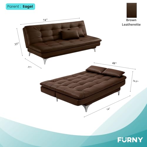 Image of FURNY Eagel 3 Seater Leatherette Sofa Cum Bed with 2 Cushions (Brown) in Premium Finish | Ideal for Living Room, Bedrooms, Offices, Hotels