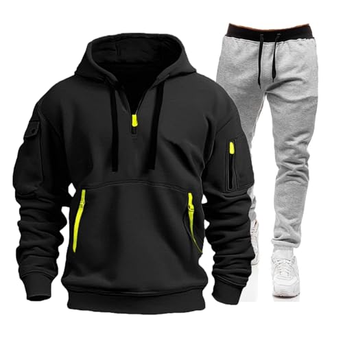 RIOU Fato de treino completo para homem, inverno, fato de treino com zíper, camisola de manga comprida e calça, roupa desportiva de duas peças, casaco, jaqueta, hoodie, jersey, tamanho grande, F Preto