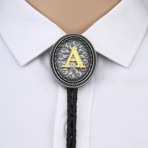 Image of HUABOLA CALYN Bolo tie for Men, Western Cowboy Golden Alphabet Initial Letter ABCDJMR to Y Costume Bolo ties Neckties
