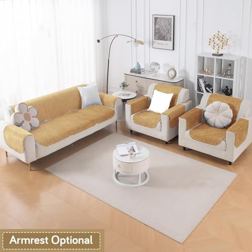 Image of HOKIPO Quilted Sofa Cover 5 Seater Set (3+1+1) - Sofa Cover for Seat & Back | 'Quilt Classic' Yellow (NEW-IN-927 * 2+925 * 4-YLW)