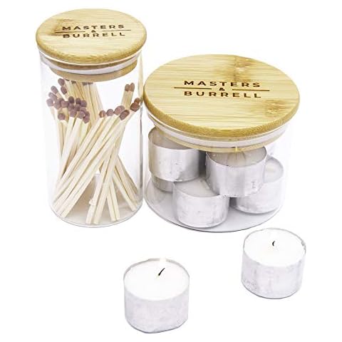 Glass Storage Jars with Bamboo Lids Airtight Kitchen Food Storage Canister Cylinder Clear Preserving Seal Containers High Borosilicate Glass Includes Sticker and Chalk M&B (Candle & Matchstick Set) Cover
