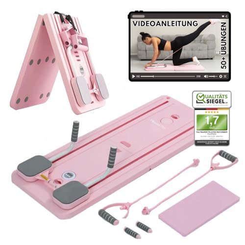 Pilatexx Pro - Faltbarer Pilates Reformer inkl. Videobibliothek (50+ Übungen) & Trainingspläne - 6 in 1 Komplettset gelenkschonendes Ganzkörpertraining (Rosa)