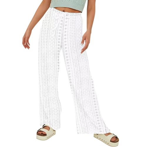 Eyelet Embroidered Pants for Women Wide Leg Casual Summer Pant Drawstring Elastic Waist Palazzo Lounge Trousers4