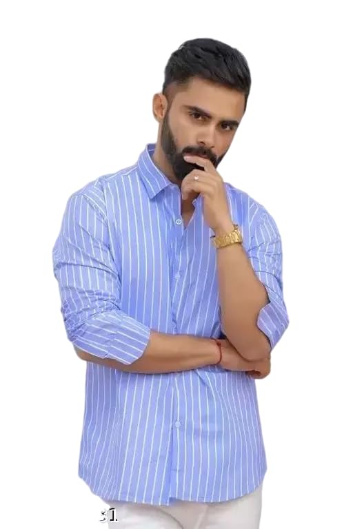 Mahima Ethnic Centre's Men’s Striped Casual Shirt Regular Fit Long Sleeve Blue Cotton Blend-picture-14