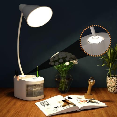 Image of fizzytech 360 Flexible LED Desk Lamp with Pen & Mobile Holder - Adjustable Study Table Lamp with Touch Control for Reading, Office, Work & Study (White)