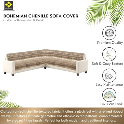 Image of Elegant Woven Brown Sofa Cover - Soft Chenille Traditional Pattern with Lace Style | L-Shape Sectional Seat Protector for Living Room | Durable & Stylish Slipcover 6 Seater L Shape