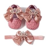 TsQiiane Newbron Baby Girls Mary Jane Shoes with Headband Soft Sole Anti-skidding Crown Bowknot Lace Princess Flats Infant Shower Wedding Dress Crib Shoes(duisty Pink,9-12months)