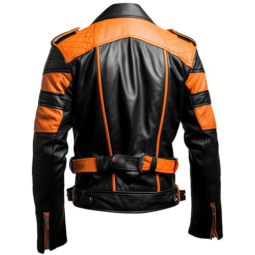 Men’s Stylish Moto Racing Orange Black Asymmetrical Lapel Collar Slim Fit Belt Riding Real Leather Jacket Streetwear2