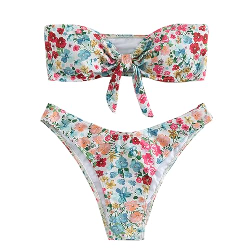 Maillot de bain 2 pièces taille haute fleuri avec haut bandeau pour femme