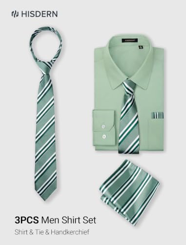 Image of HISDERN Mens Dress Shirt with Tie Pocket Square Set Classic Button Down Shirt Matching Tie Long Sleeve Shirts