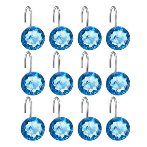 JECOMPRIS Ganchos para Cortinas de Ducha 12 Piezas Acrílicos Transparentes Cristales Azules, Colgadores Decorativos Resistentes para Baño, Accesorios para Cortinas de Baño