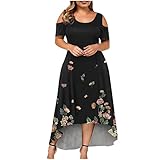 VEZAD Women's Plus Size Cold Shoulder Crewneck Maxi Dress Casual Floral Printed Asymmetrical High Low Party Dresses black X-Large