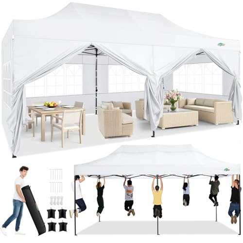 COBIZI 10x20 Heavy Duty Pop Up Canopy Tent with 6 Sidewalls Thicken Frame Commercial Easy Up Outdoor Wedding Party Tents All Season Waterproof Windproof with Stakes Sandbags Ropes Roller Bag White